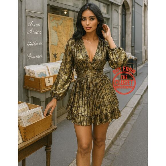 ZARA Metallic V-Neck Pleated Mini Dress NWT | Gold Long Sleeve (M) - Picture 1 of 16